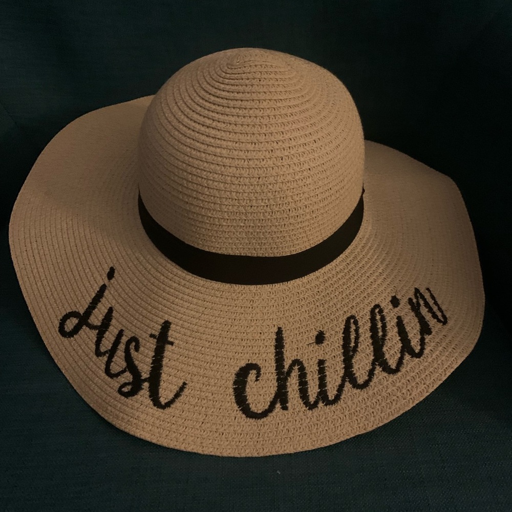 Beige Sun Hat with Black Band and Text